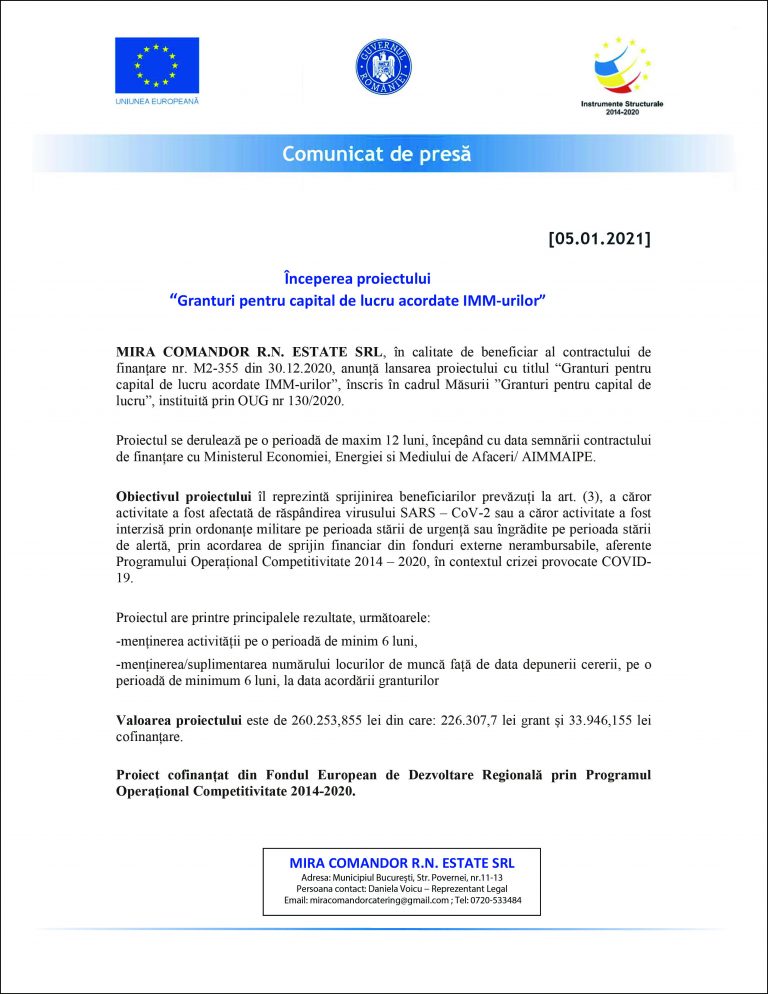 Comunicat de presă MIRA COMANDOR R.N. ESTATE SRL