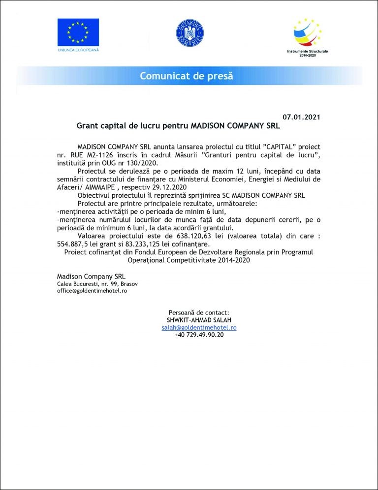 Comunicat de presă MADISON COMPANY SRL