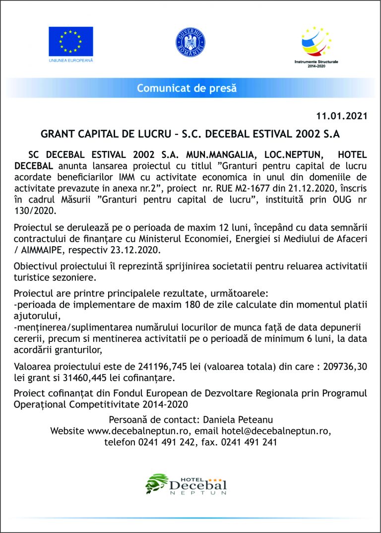 Comunicat de presă DECEBAL ESTIVAL 2002 S.A