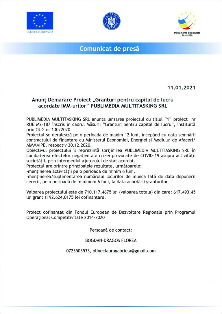 Comunicat de presă PUBLIMEDIA MULTITASKING SRL