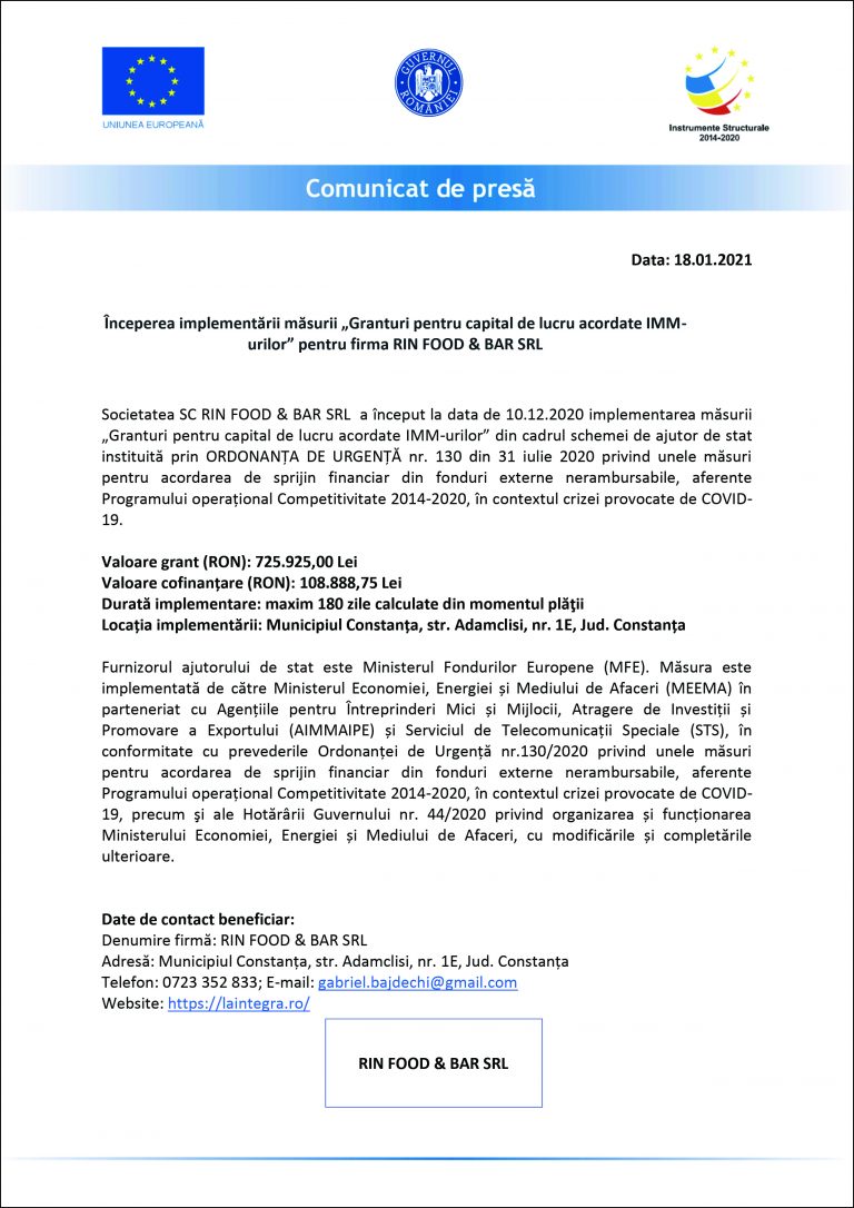 Comunicat de presă SC RIN FOOD & BAR SRL