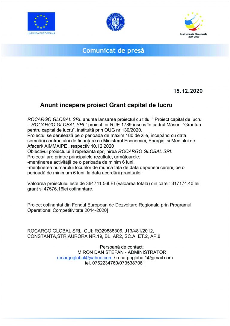 Comunicat de presă ROCARGO GLOBAL SRL