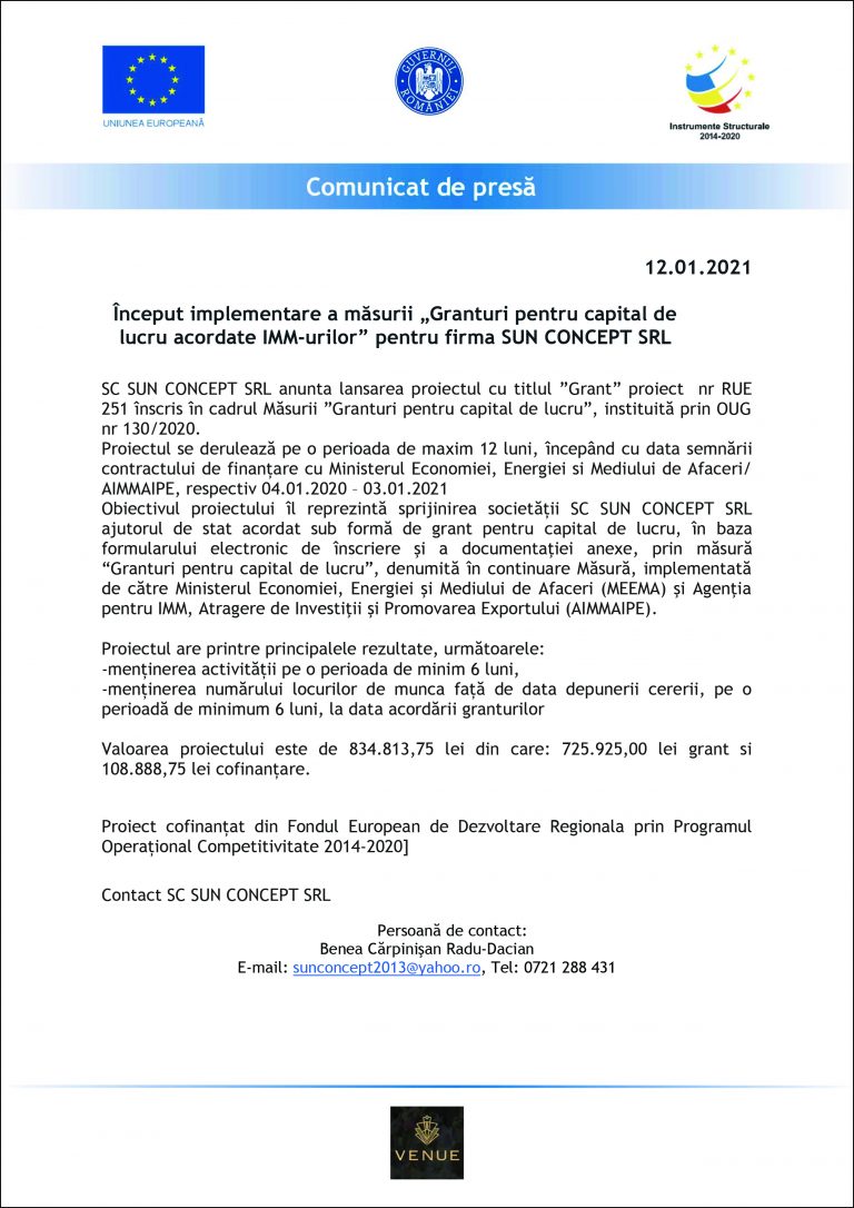 Comunicat de presă SUN CONCEPT SRL
