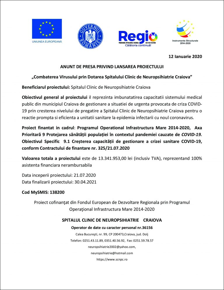 Anunț de presă privind lansarea proiectului „Combaterea VIrusului prin Dotarea Spitalului Clinic de Neuropsihiatrie Craiova”