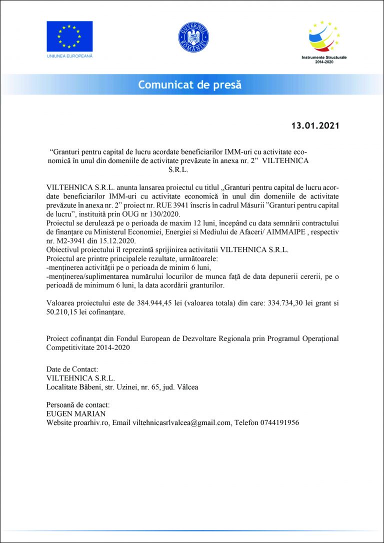 Comunicat de presă VILTEHNICA S.R.L.