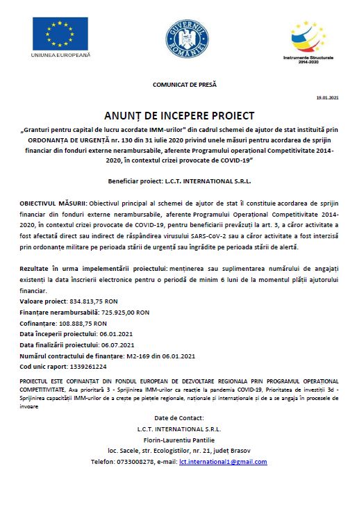 Comunicat de presă L.C.T. INTERNATIONAL S.R.L.