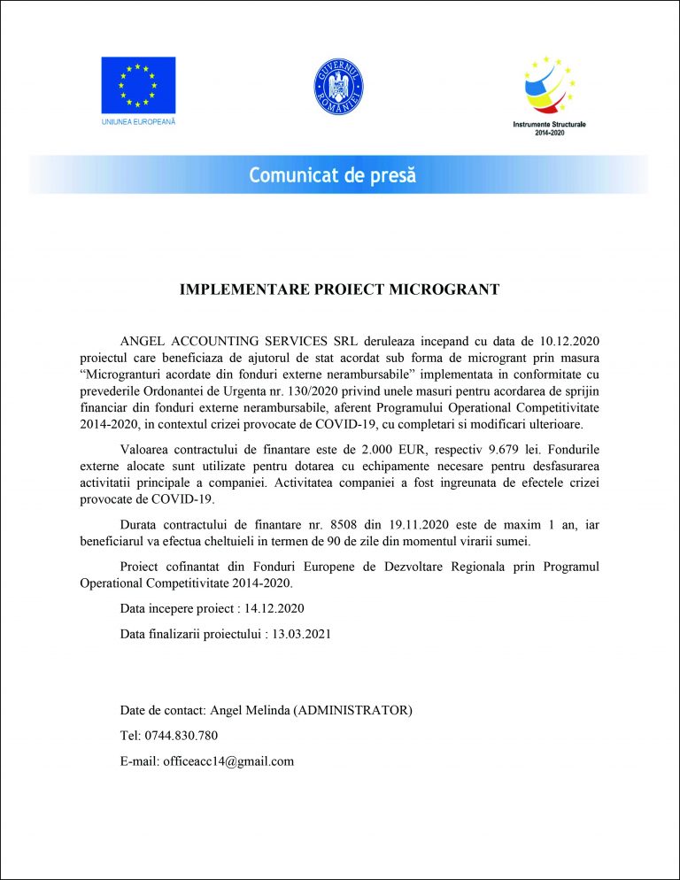 Comunicat de presă ANGEL ACCOUNTING SERVICES SRL