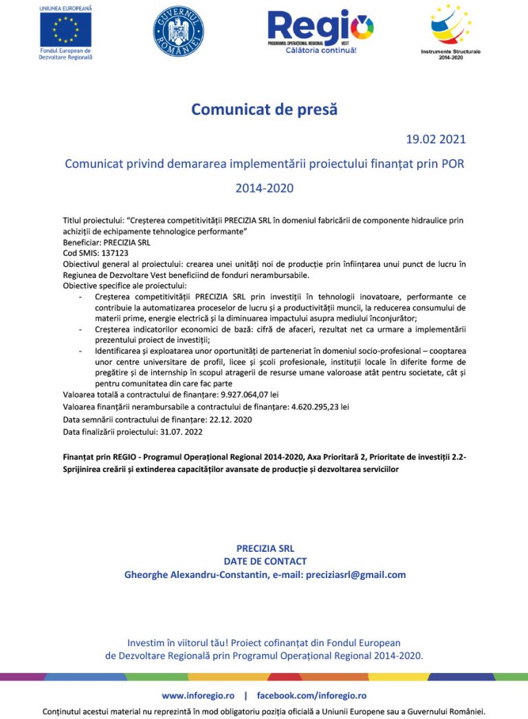 Comunicat de presa PRECIZIA S.R.L.