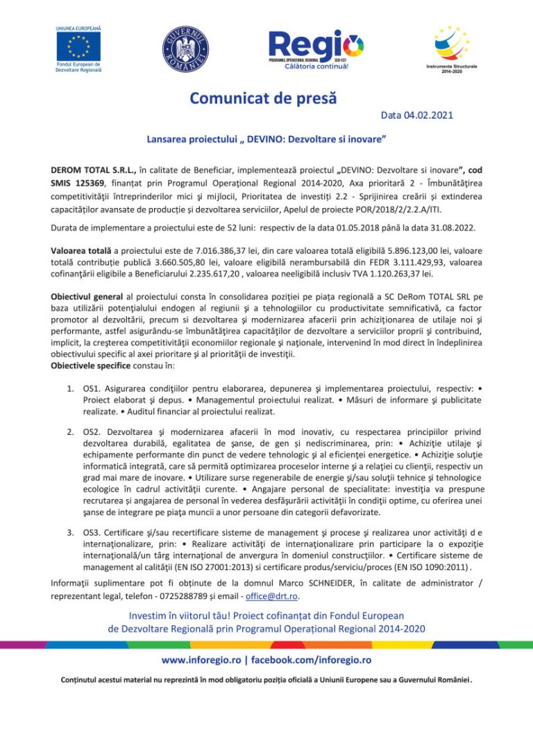 Comunicat de presa DEROM TOTAL S.R.L.