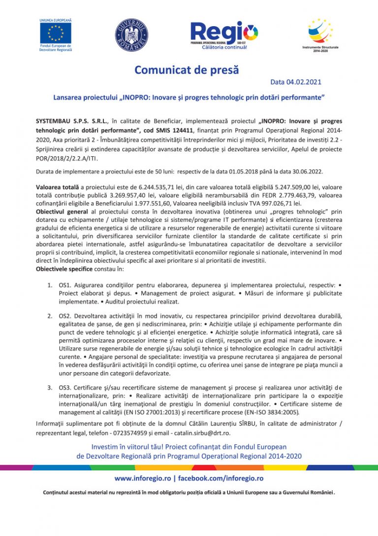 Comunicat de presa SYSTEMBAU S.P.S. S.R.L.