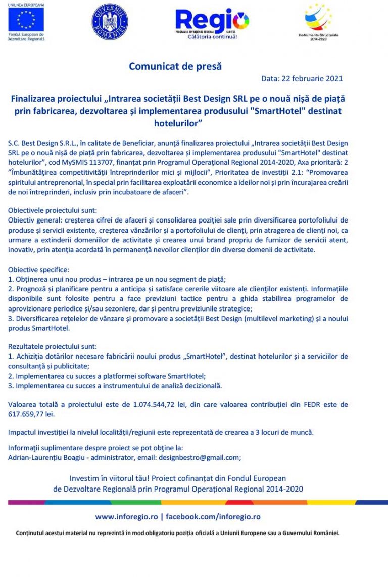 Comunicat de presa finalizare proiect BEST DESIGN S.R.L.