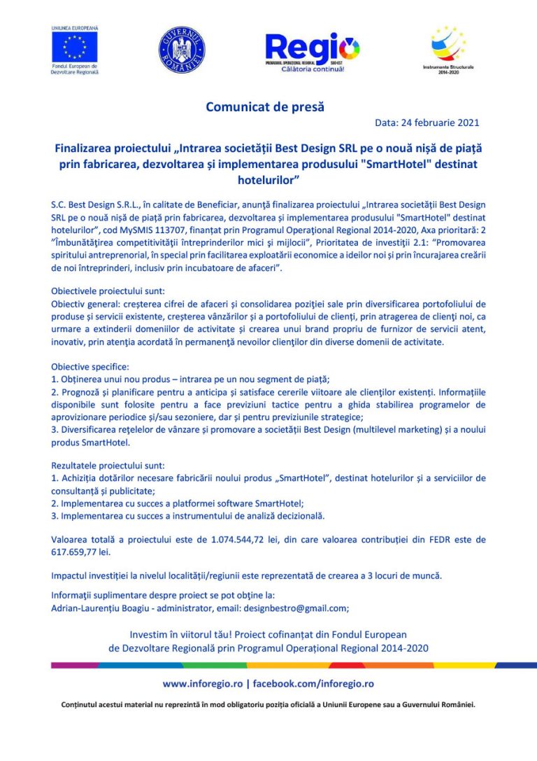 Comunicat de presa finalizare proiect BEST DESIGN S.R.L.