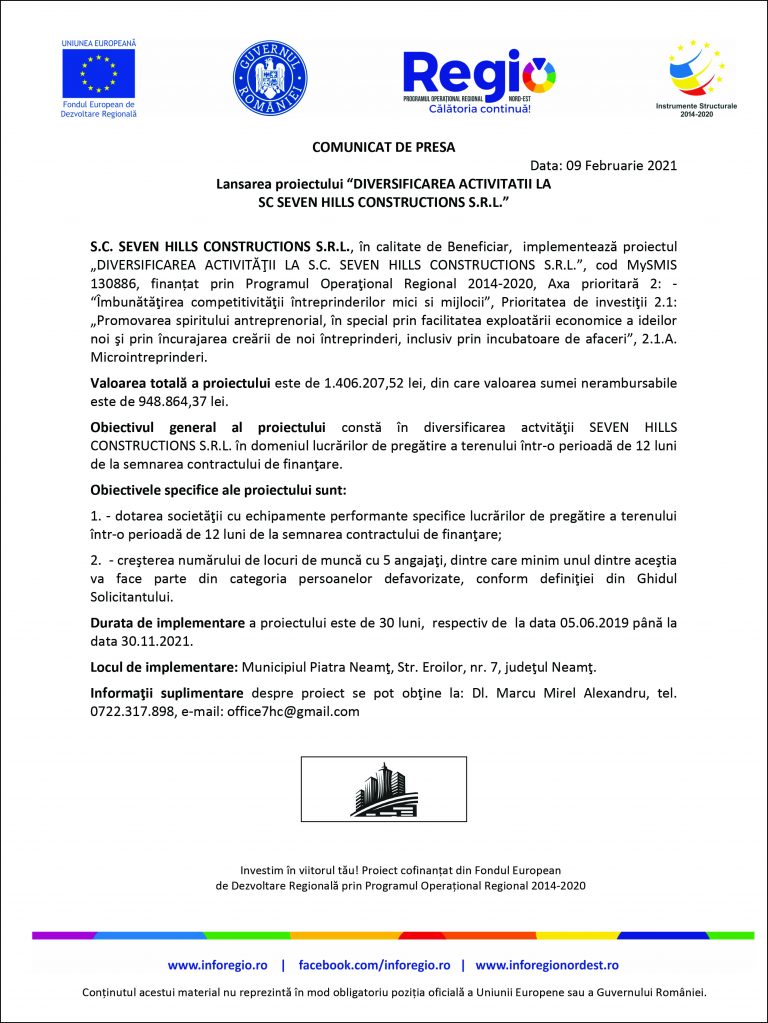 Comunicat de presă S.C. SEVEN HILLS CONSTRUCTIONS S.R.L.