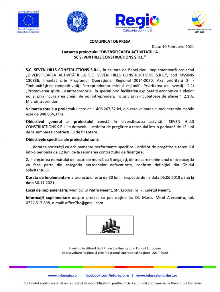 Comunicat de presă S.C. SEVEN HILLS CONSTRUCTIONS S.R.L.