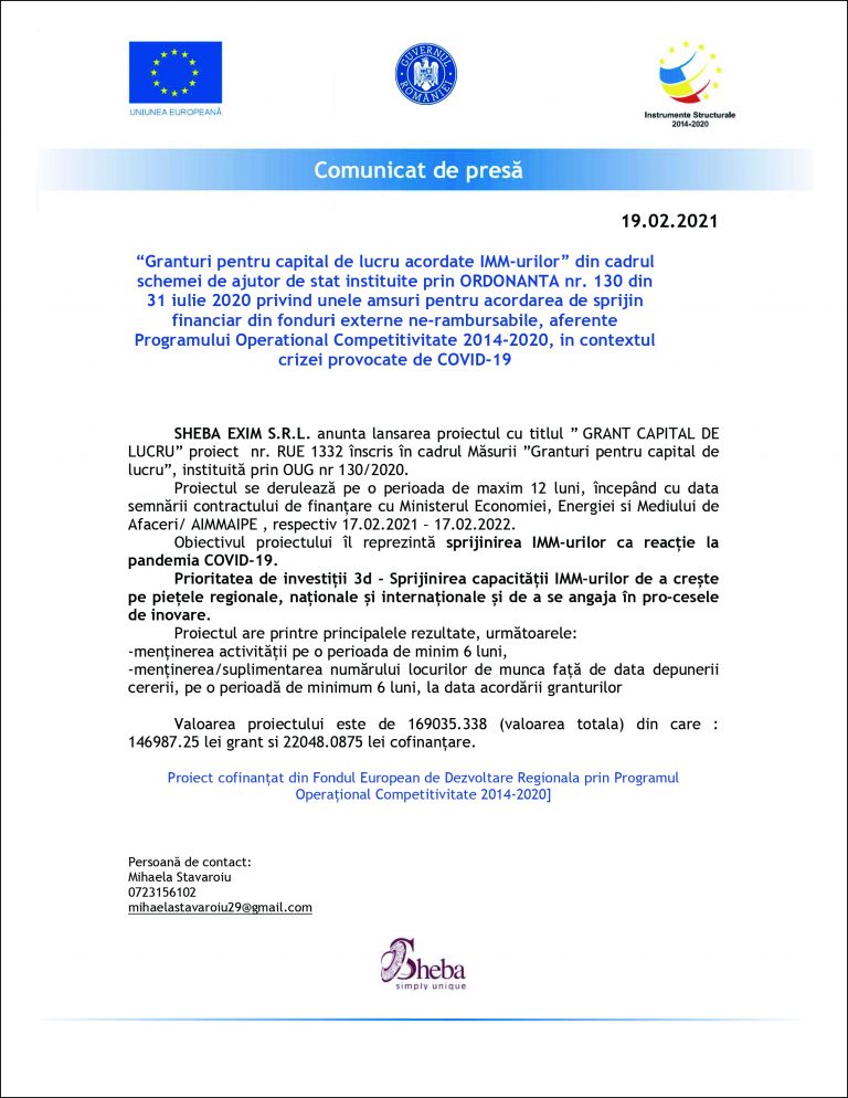 Comunicat de presă SHEBA EXIM S.R.L.
