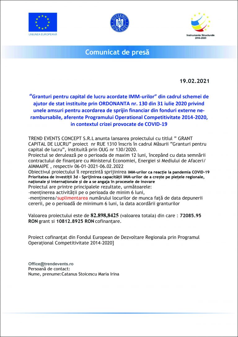 Comunicat de presă TREND EVENTS CONCEPT S.R.L