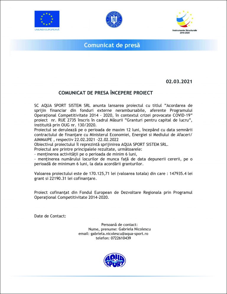 Comunicat de presă SC AQUA SPORT SISTEM SRL
