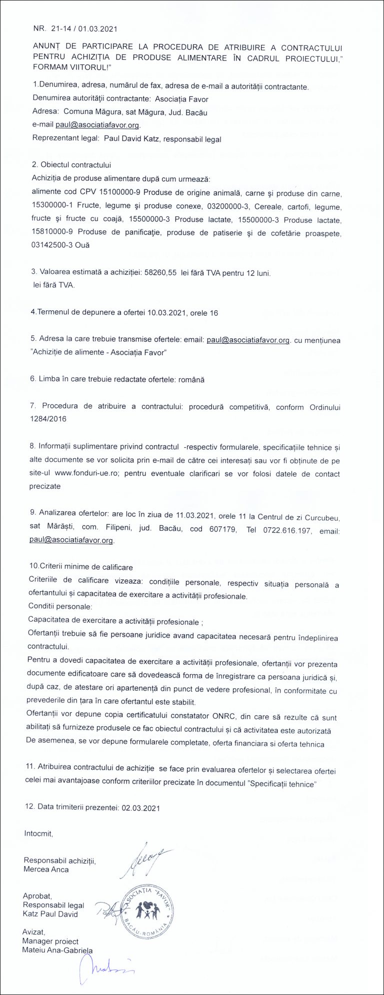 Anunț de participare Asociația Favor