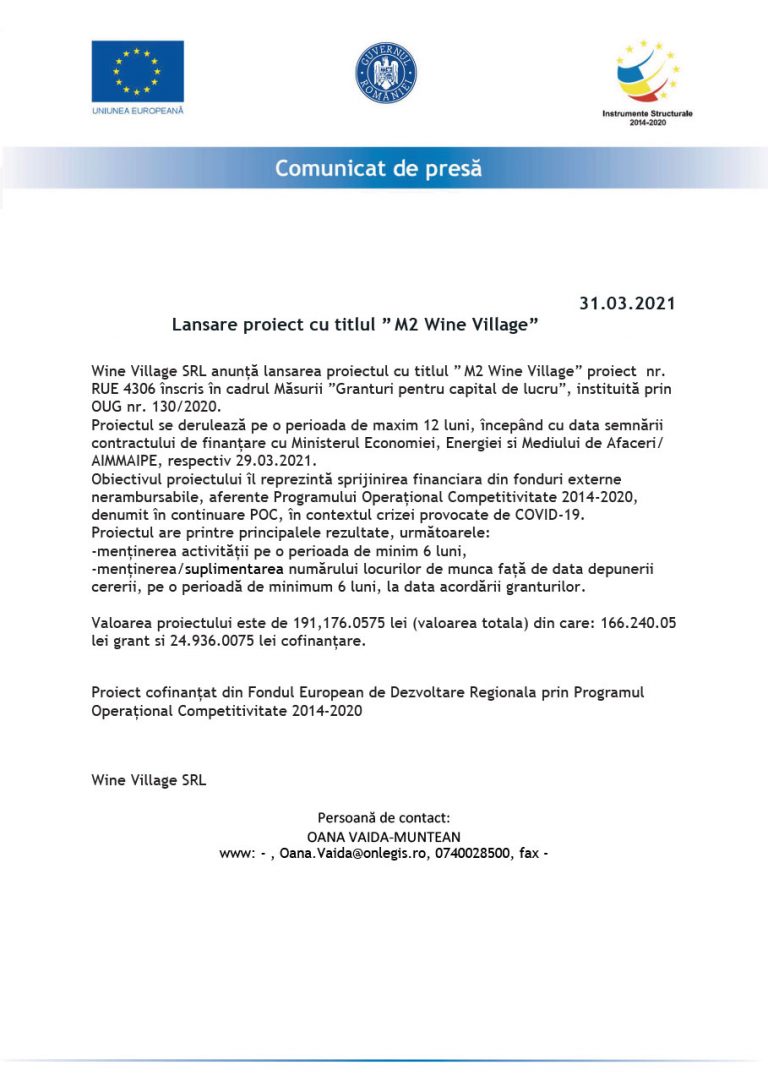 Comunicat de presa WINE VILLAGE SRL