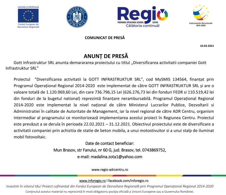 Comunicat de presa GOTT INFRASTRUKTUR SRL
