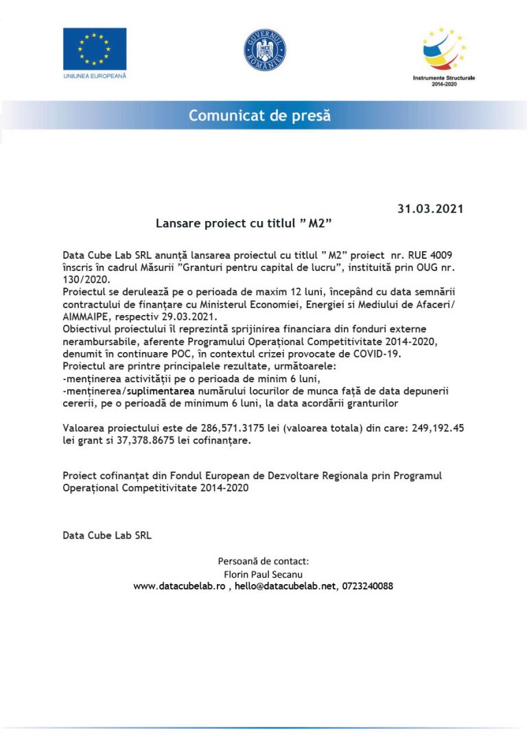 Comunicat de presa DATA CUBE LAB SRL