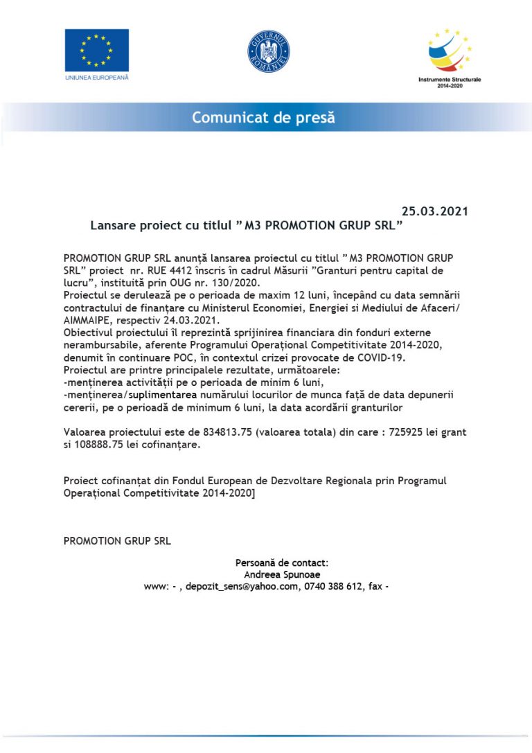 Comunicat de presa PROMOTION GRUP SRL