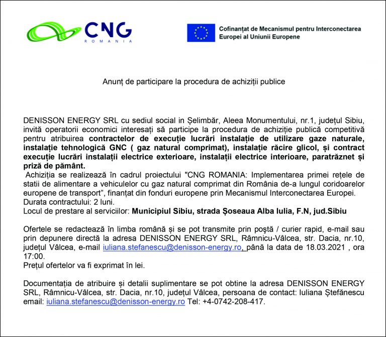 Anunț de participare la procedura de achiziții publice DENISSON ENERGY SRL