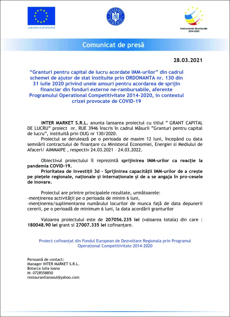 Comunicat de presă INTER MARKET S.R.L.