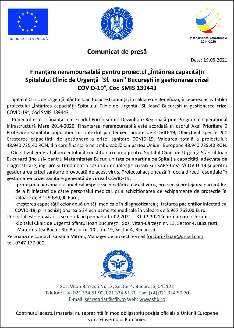 Comunicat de presă Spitalul Clinic de Urgență Sfântul Ioan București