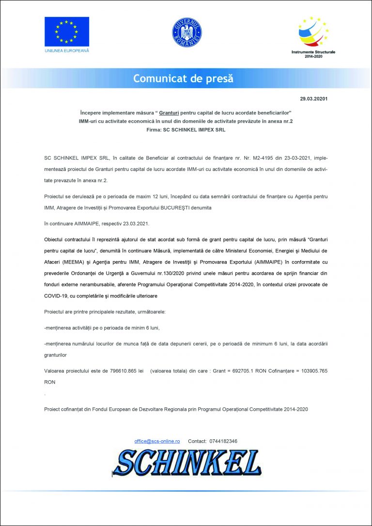 Comunicat de presă SC SCHINKEL IMPEX SRL