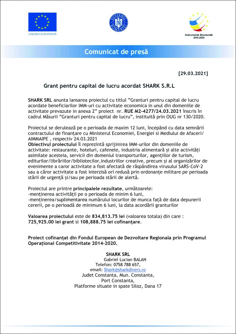 Comunicat de presă SHARK S.R.L.