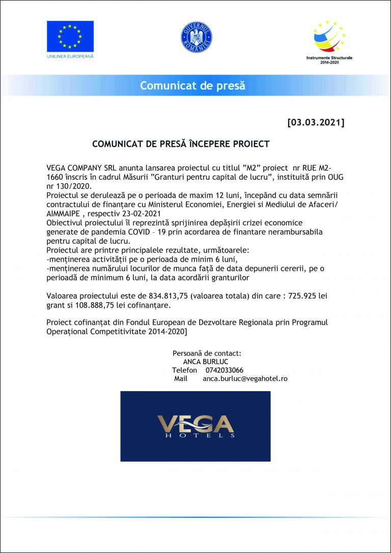 Comunicat de presă VEGA COMPANY SRL