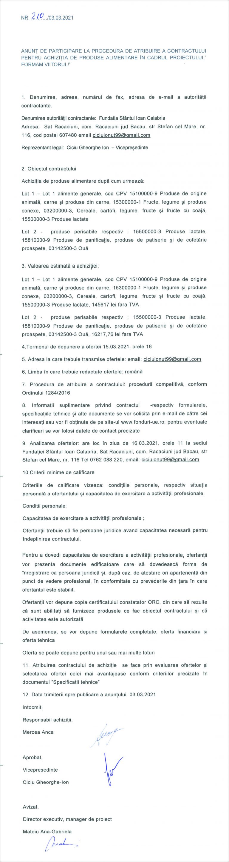 Anunț de participare Fundatia Sfântul Ioan Calabria