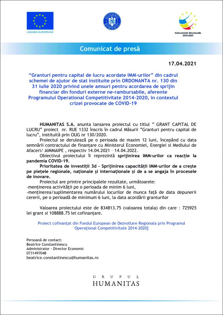 Comunicat de presa HUMANITAS S.A.
