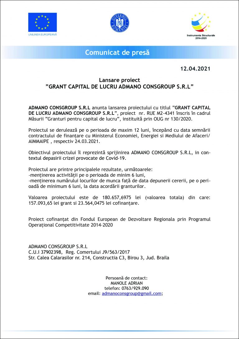 Comunicat de presâ ADMANO CONSGROUP S.R.L.