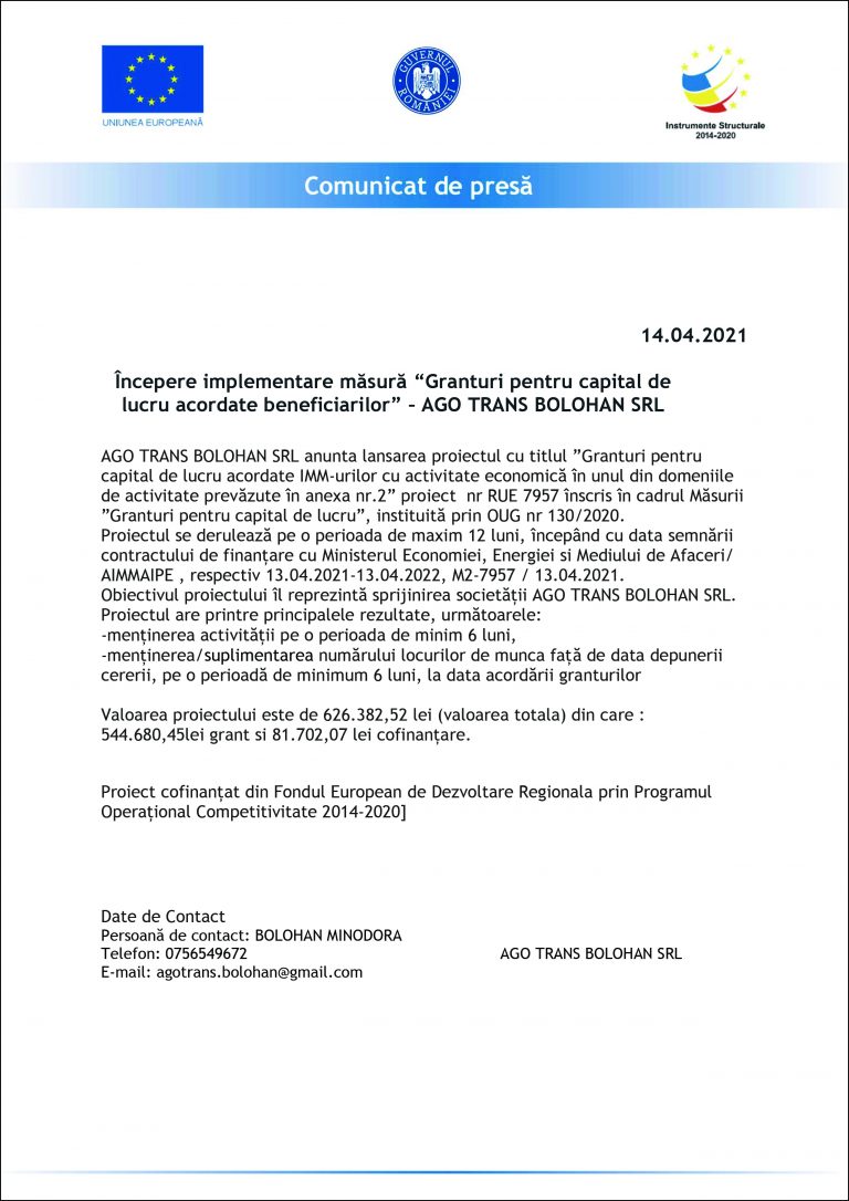 Comunicat de presă AGO TRANS BOLOHAN SRL