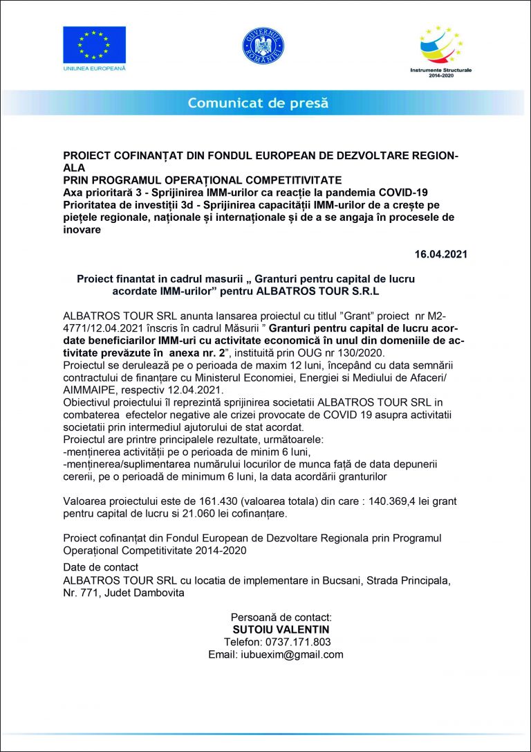 Comunicat de presă ALBATROS TOUR SRL