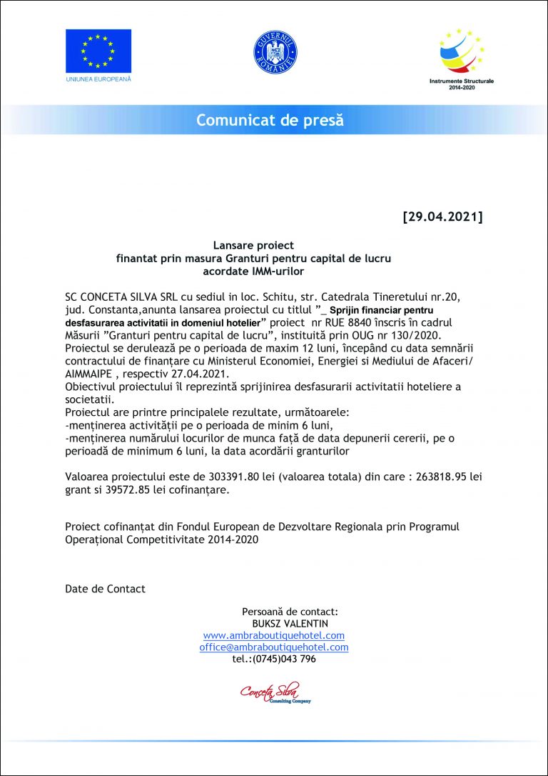 Comunicat de presa SC CONCETA SILVA SRL