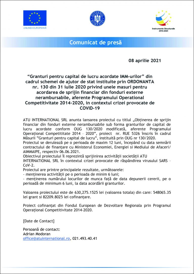 Comunicat de presă ATU INTERNATIONAL SRL