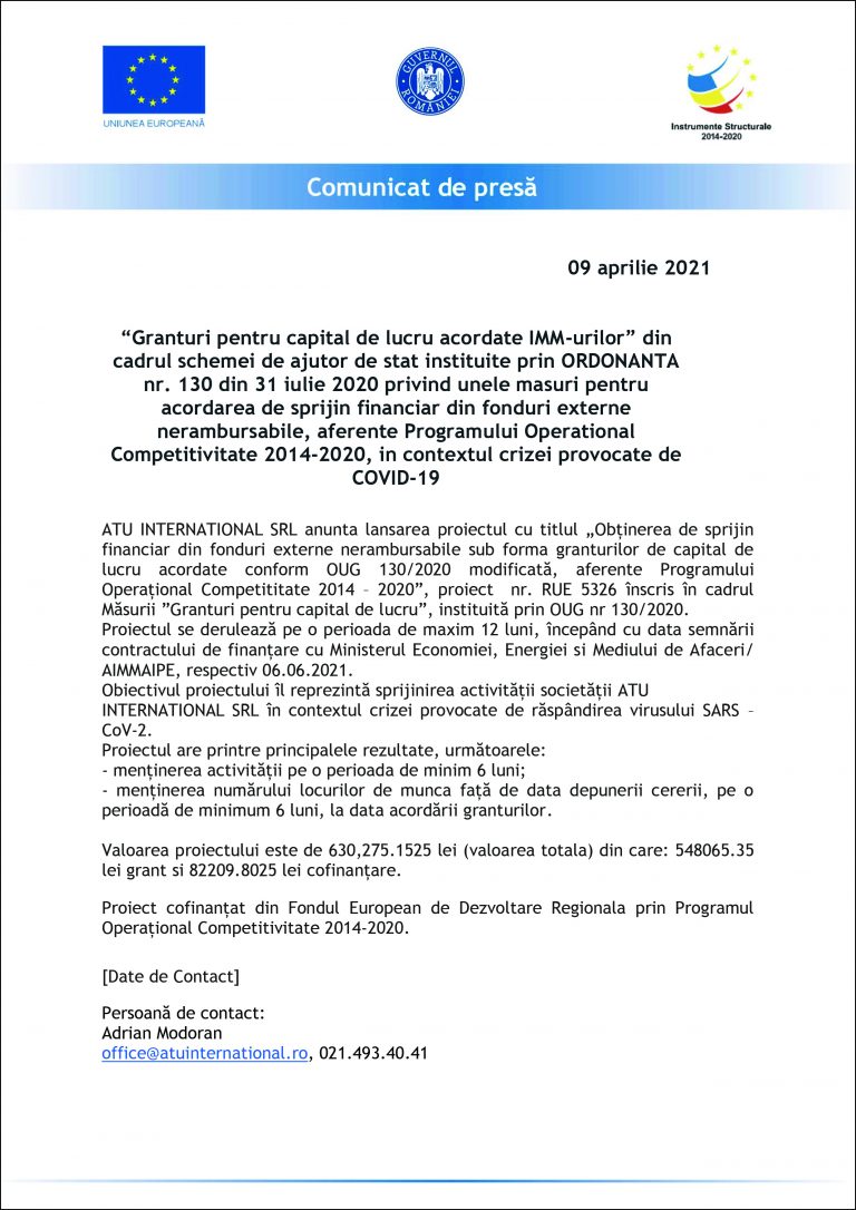 Comunicat de presă ATU INTERNATIONAL SRL