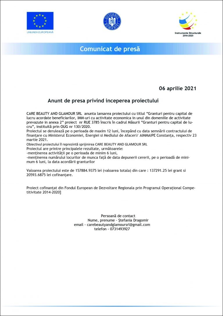 Comunicat de presă CARE BEAUTY AND GLAMOUR SRL