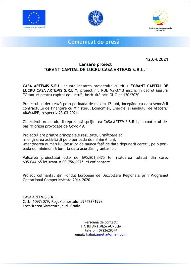 Comunicat de presâ CASA ARTEMIS S.R.L