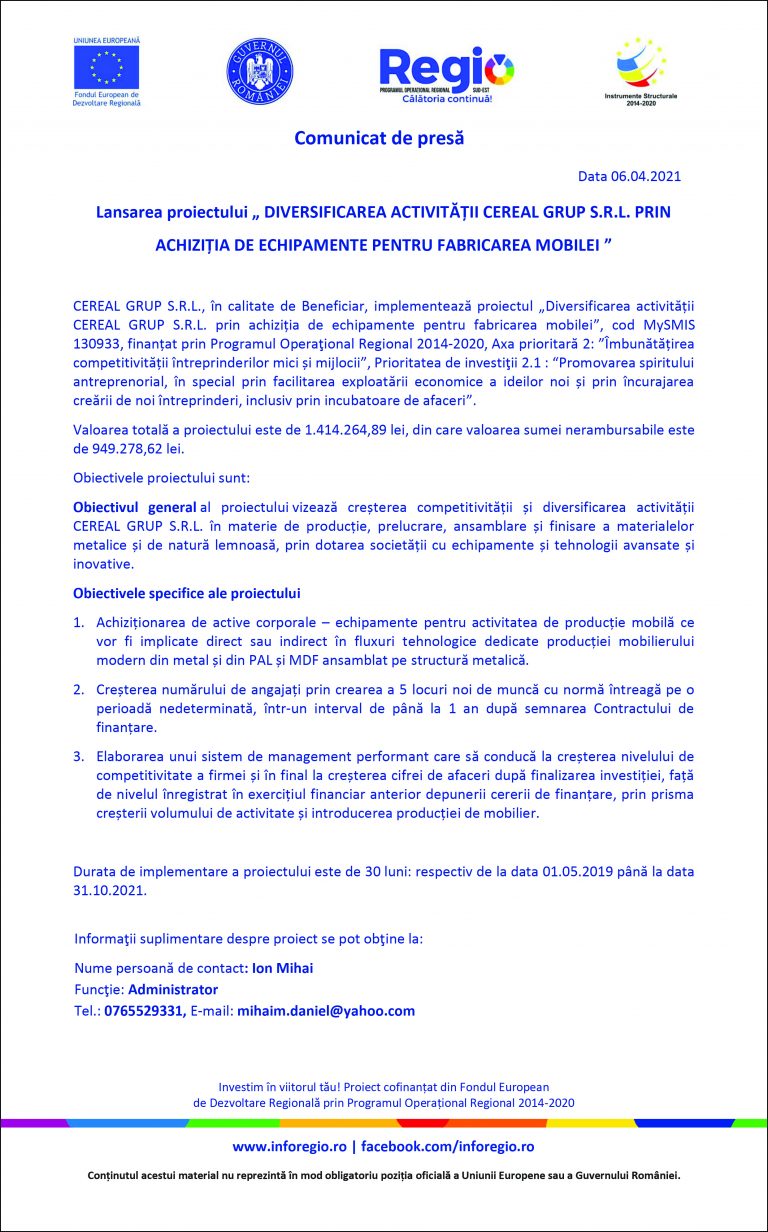Comunicat de presă CEREAL GRUP S.R.L.