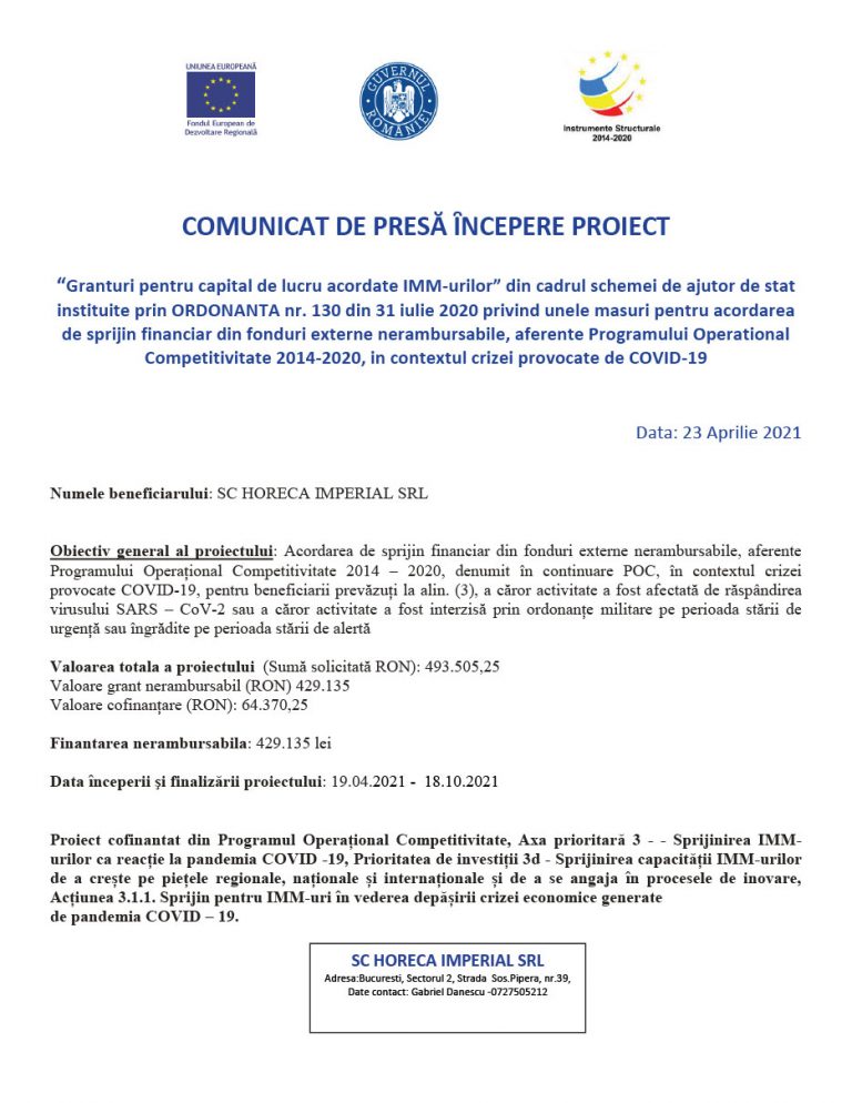 Comunicat de presa HORECA IMPERIAL SRL
