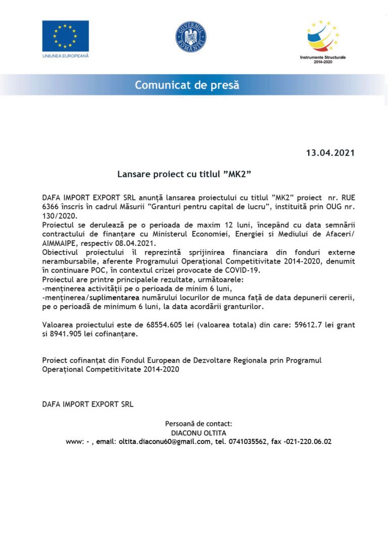 Comunicat de presa DAFA IMPORT EXPORT SRL