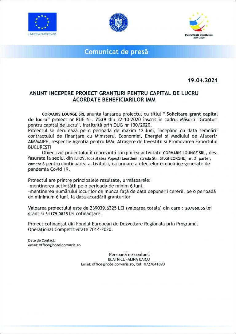 Comunicat de presă CORVARIS LOUNGE SRL
