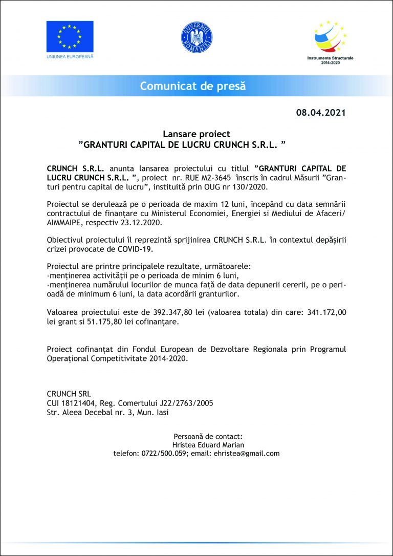 Comunicat de presă CRUNCH S.R.L