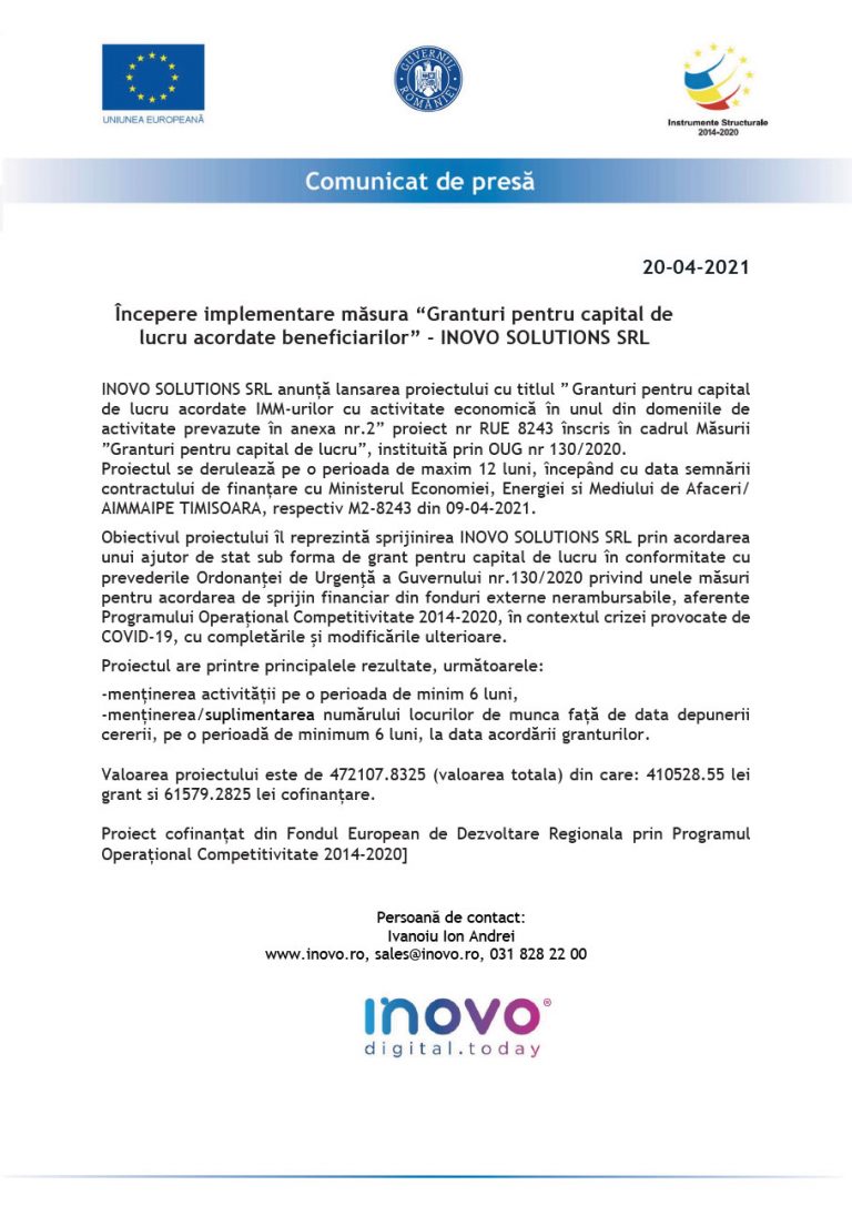 Comunicat de presa INOVO SOLUTIONS SRL