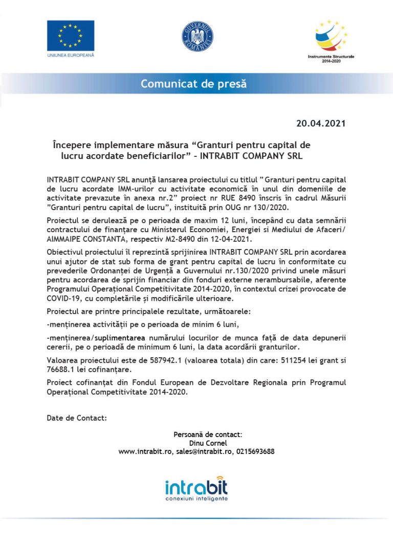 Comunicat de presa INTRABIT COMPANY SRL