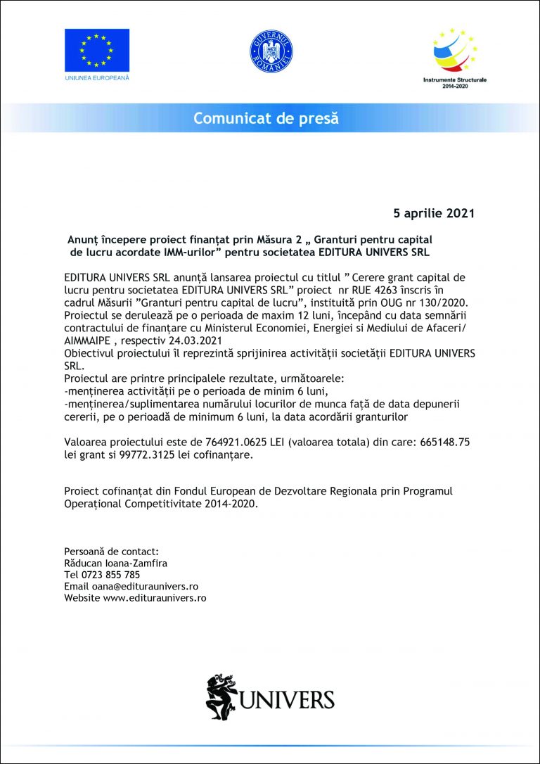 Comunicat de presă EDITURA UNIVERS SRL